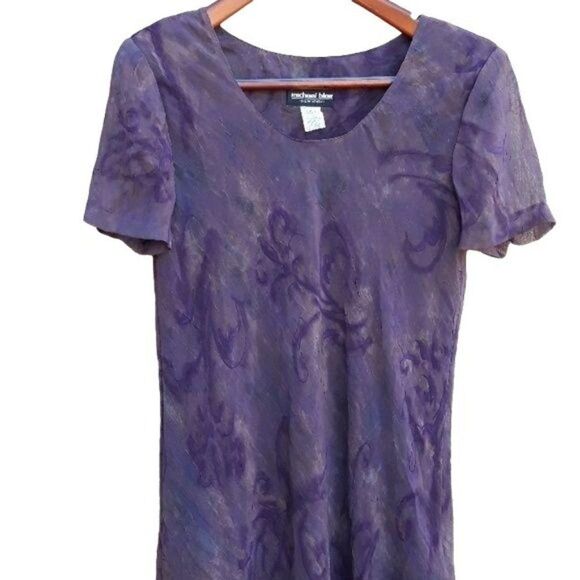 Vtg 80's Michael Blair Dress Short Sleeve Maxi Crinkle Tie-dye Plum Scroll Sz 14 - Picture 3 of 8